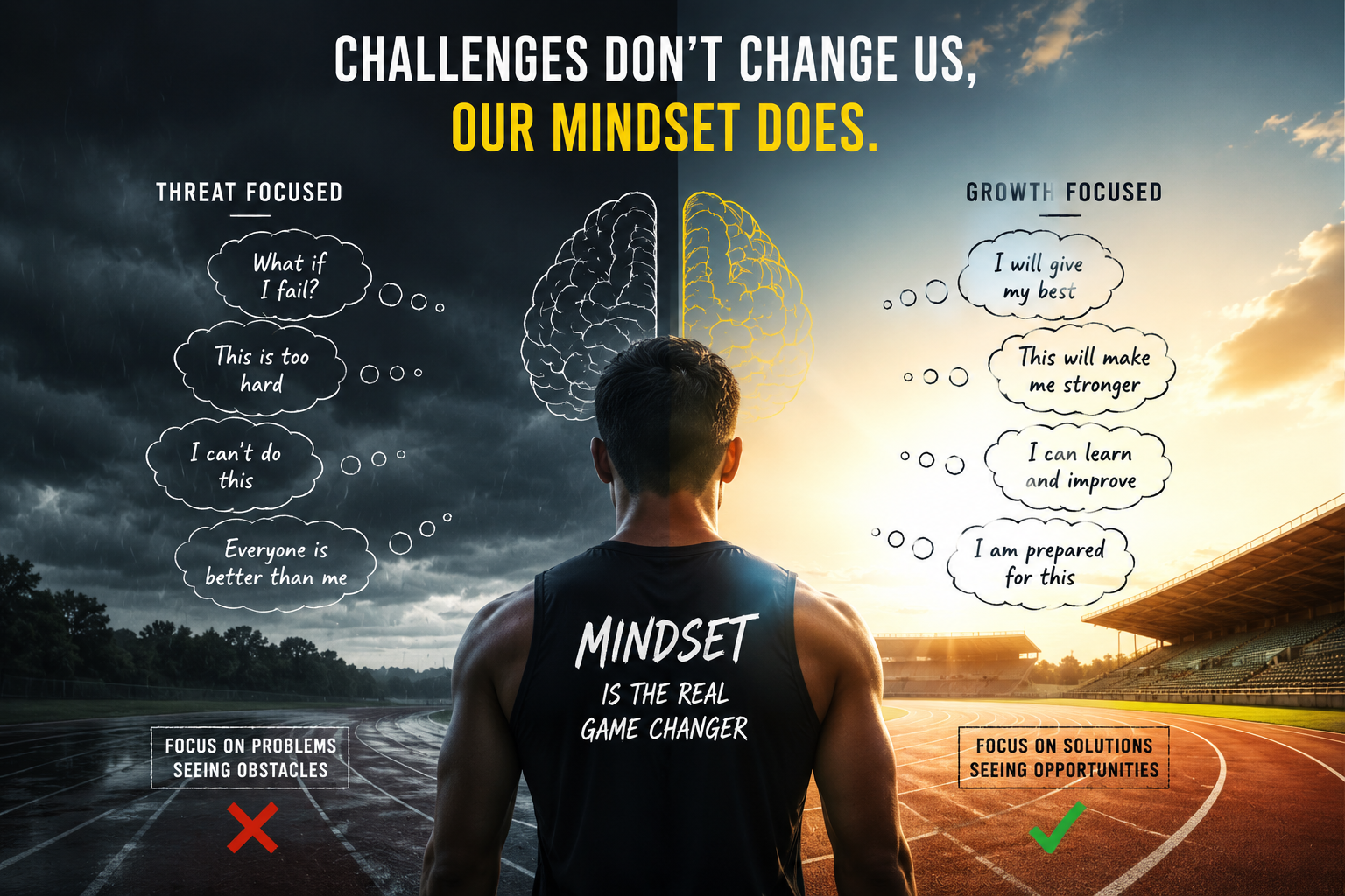 Athlete standing between a dark stormy path and a bright track, illustrating how mindset shifts during challenging situations and influences performance