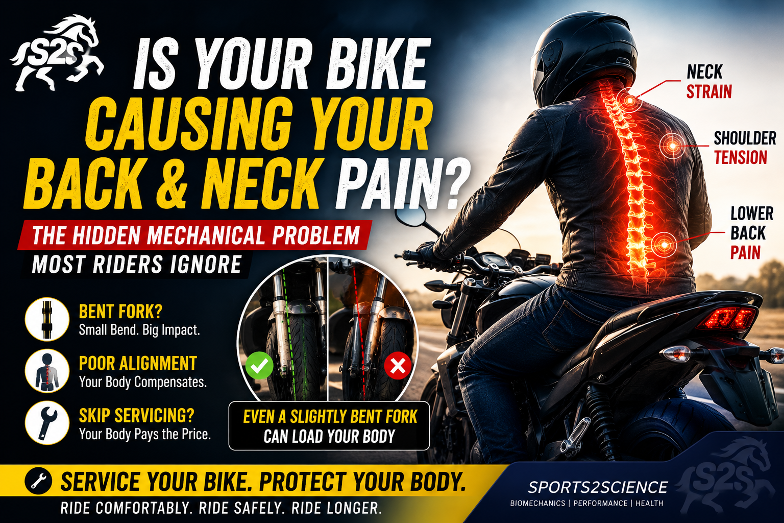 "Motorcycle rider experiencing neck, shoulder, and lower back pain with highlighted spine anatomy, illustrating how a bent bike fork, poor alignment, and mechanical issues can contribute to musculoskeletal pain. Sports2Science biomechanics blog thumbnail."