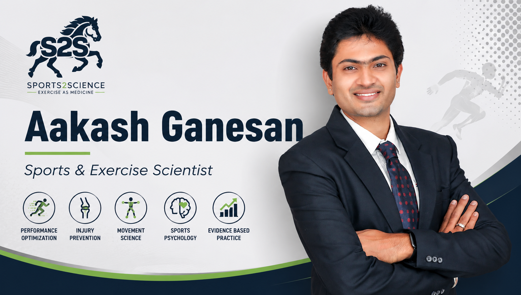 Professional expert profile banner of Aakash Ganesan, Sports & Exercise Scientist at Sports2Science, specializing in sports science, biomechanics, injury prevention, movement analysis, rehabilitation, athletic performance, and evidence-based exercise medicine.