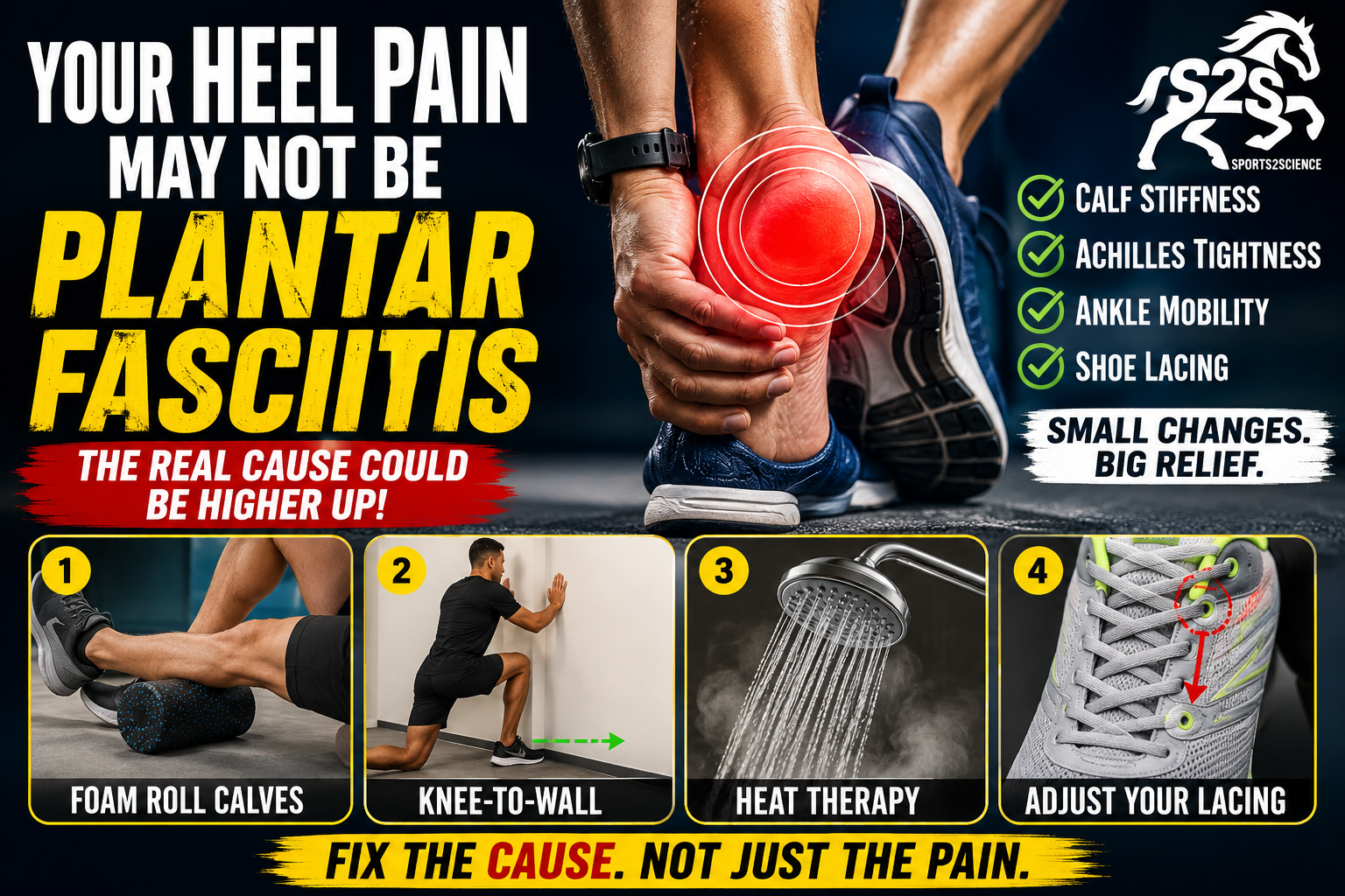 Sports2Science infographic showing that heel pain in runners may not always be plantar fasciitis, highlighting calf stiffness, Achilles tightness, limited ankle mobility, shoe lacing adjustments, foam rolling, knee-to-wall exercise, and heat therapy as key factors in rehabilitation.