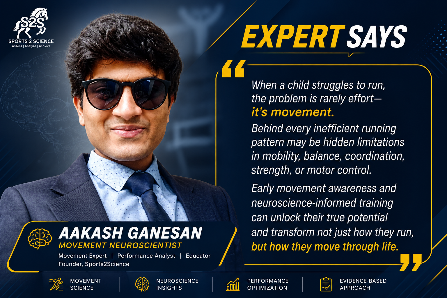 Aakash Ganesan, Movement Neuroscientist and Founder of Sports2Science, sharing expert insights on children's running difficulties, movement development, physical literacy, and neuroscience-informed performance training.