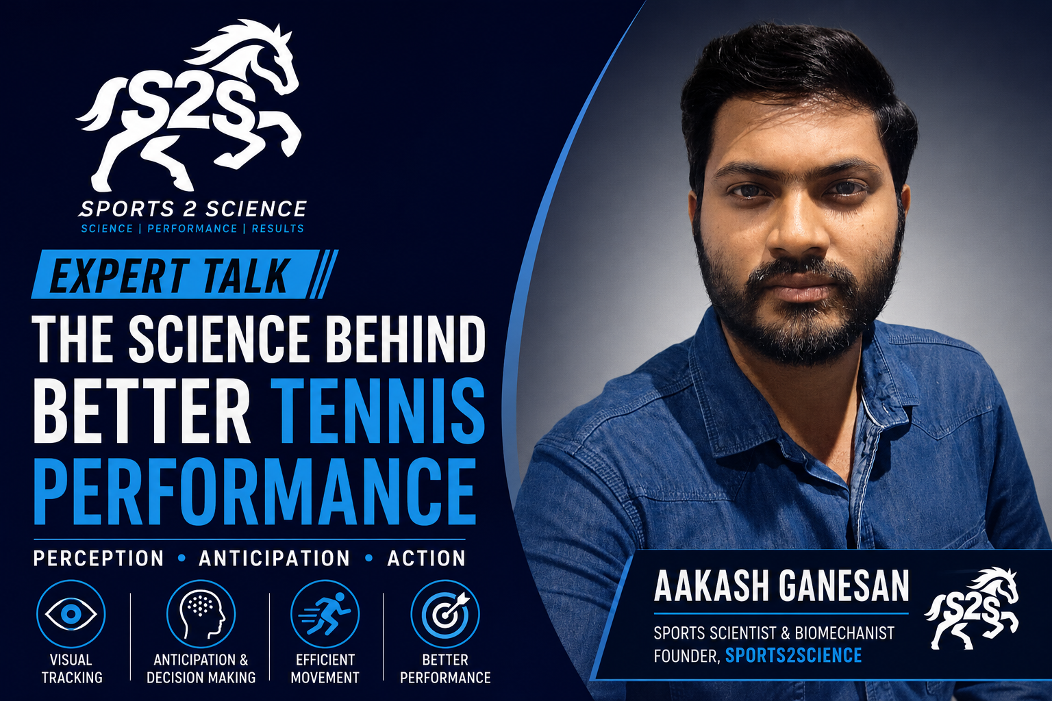 Aakash Ganesan, Sports Scientist and Biomechanist at Sports2Science, explaining how perception-action coupling, visual tracking, anticipation, eye dominance, and decision-making influence elite tennis performance and athlete development.