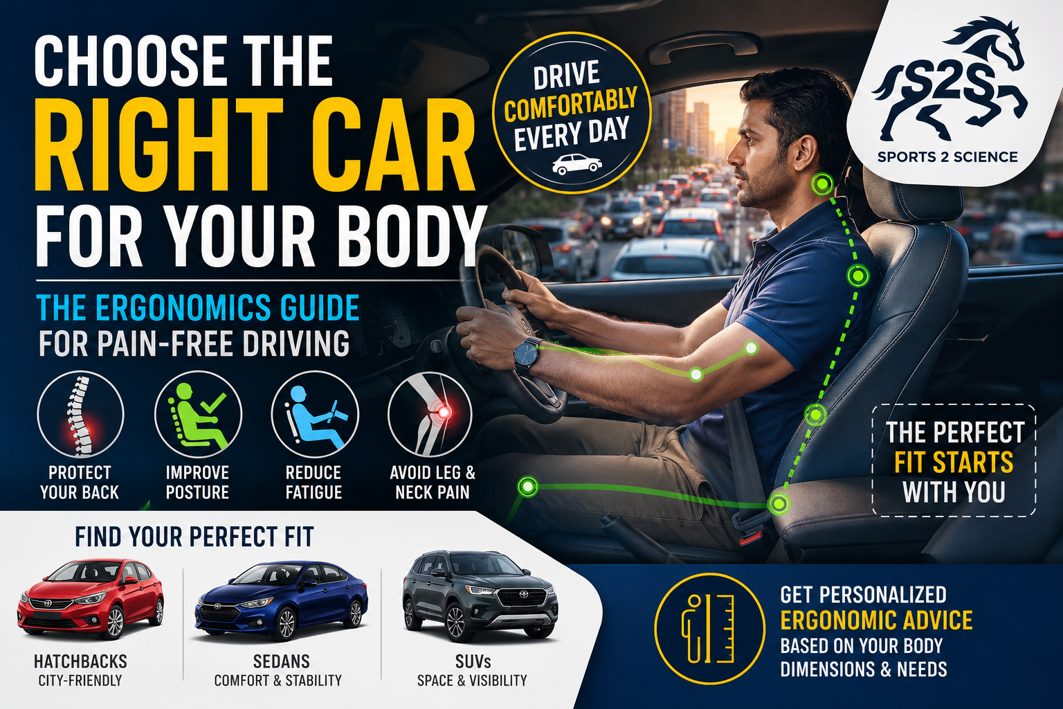 Sports scientist evaluating driving posture and car ergonomics to help choose the most comfortable vehicle for long daily commutes in India