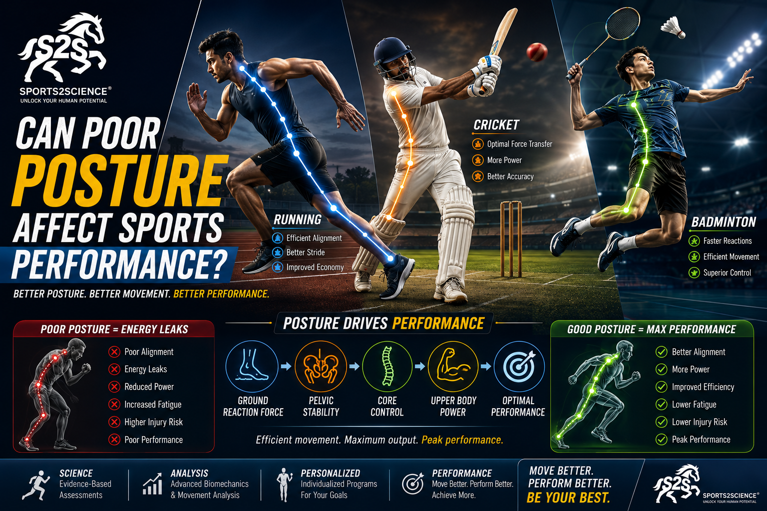 Sports2Science biomechanical analysis illustrating how athletic posture influences running, cricket, and badminton performance through efficient force transfer, movement quality, and biomechanical efficiency.