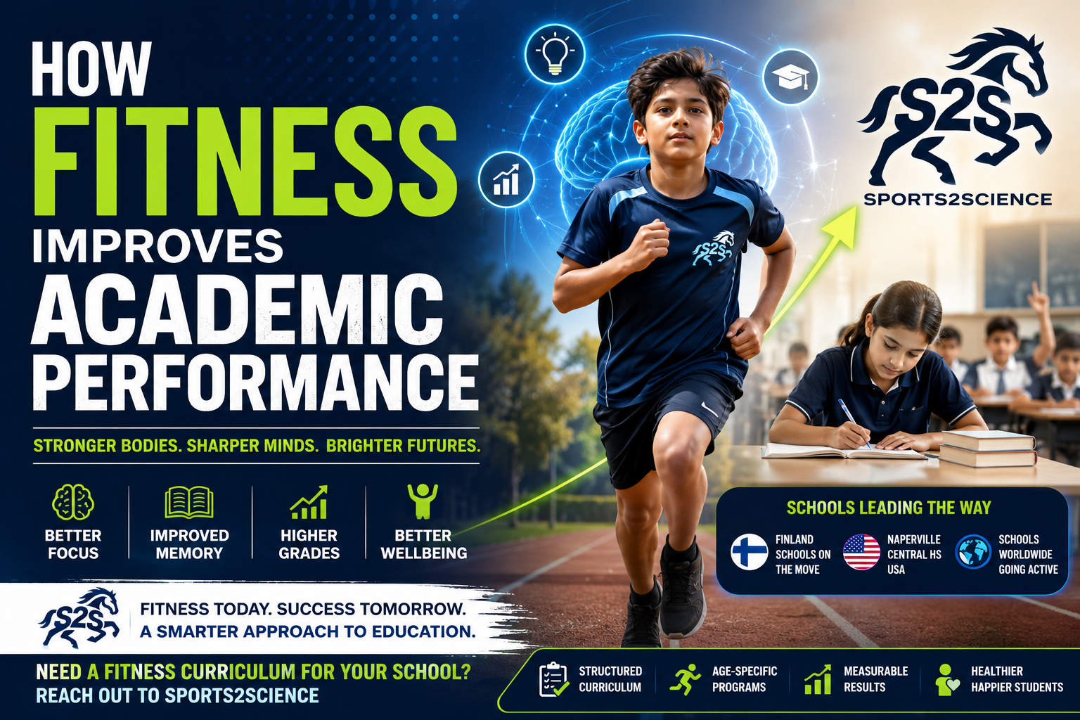 Students participating in fitness activities and classroom learning, demonstrating how physical activity improves academic performance, concentration, memory, grades, and overall student wellbeing through a structured school fitness curriculum by Sports2Science.