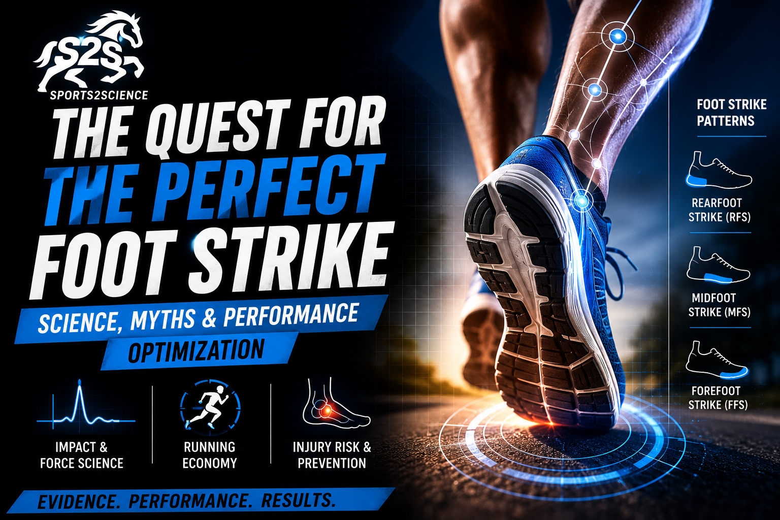 Runner foot strike biomechanics analysis showing rearfoot, midfoot, and forefoot strike patterns with sports science insights on running performance, injury prevention, and movement efficiency.
