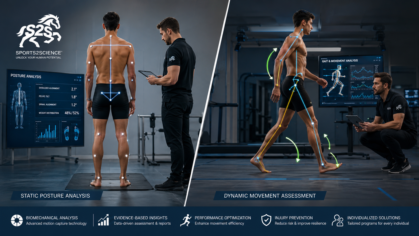 Sports scientist performing posture analysis and movement assessment using biomechanical technology to evaluate dynamic posture and movement efficiency.