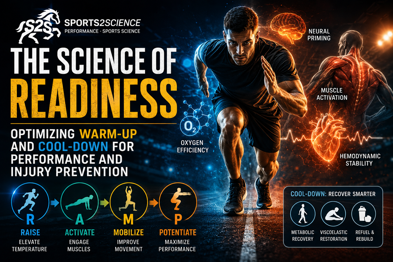 Athlete performing a dynamic warm-up before training with visual indicators of muscle activation, body temperature increase, and enhanced performance readiness