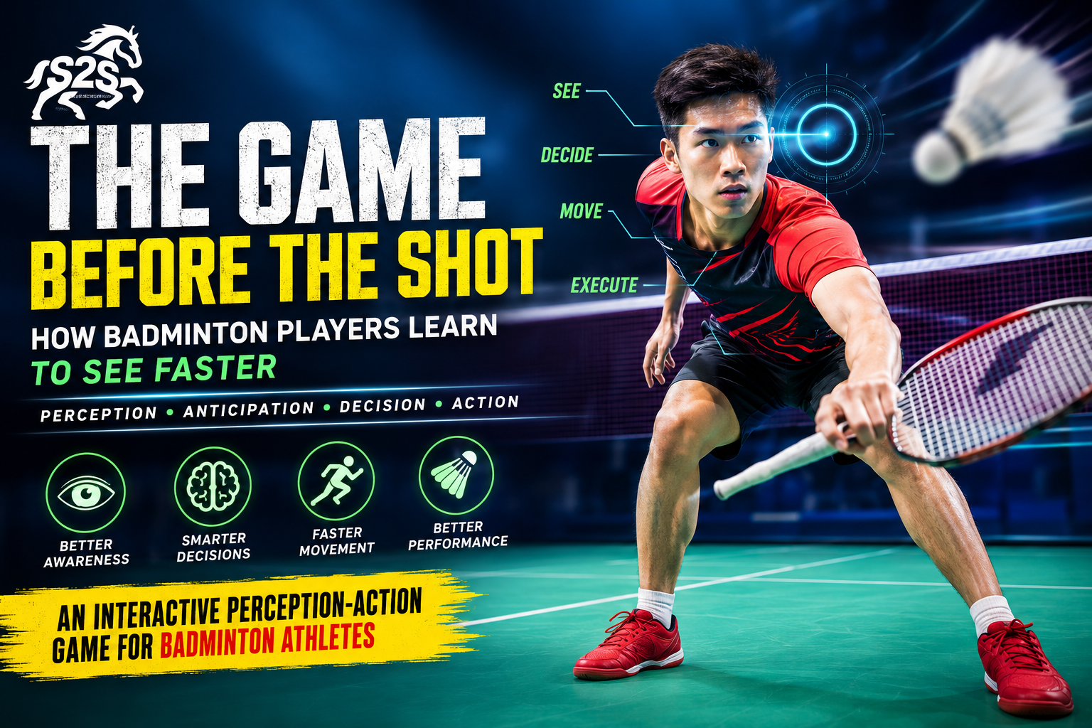 Badminton athlete training perception-action coupling, anticipation, decision-making, and footwork with Sports2Science.