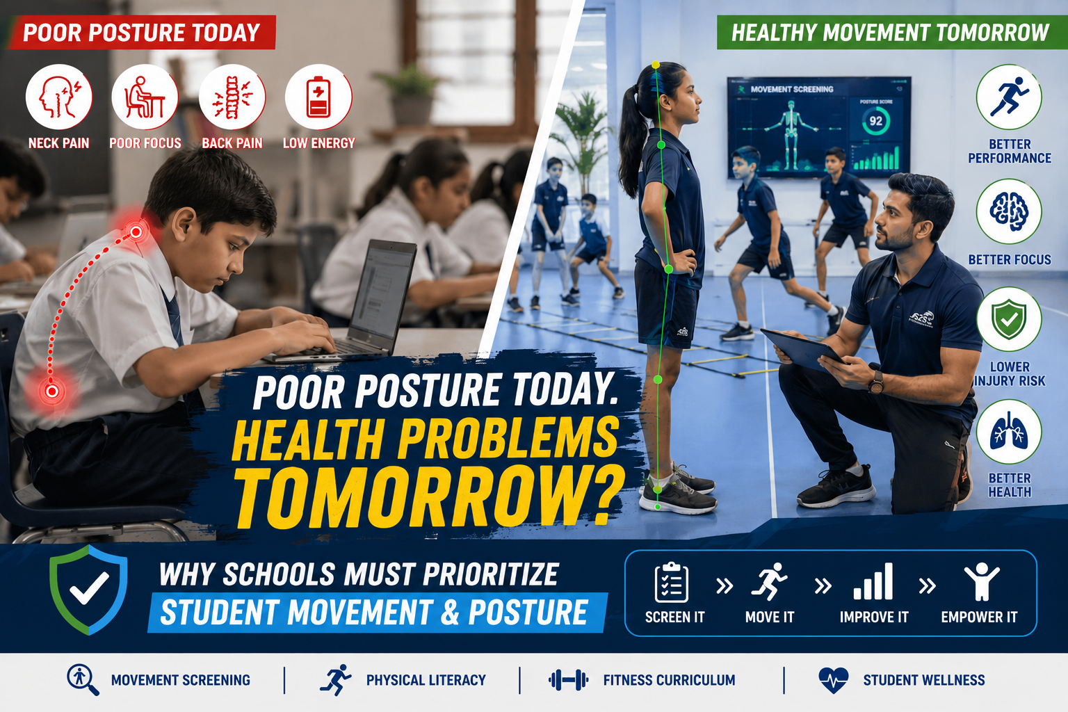 School children demonstrating poor posture in classroom compared with healthy posture, highlighting impacts on health, learning, and physical performance.