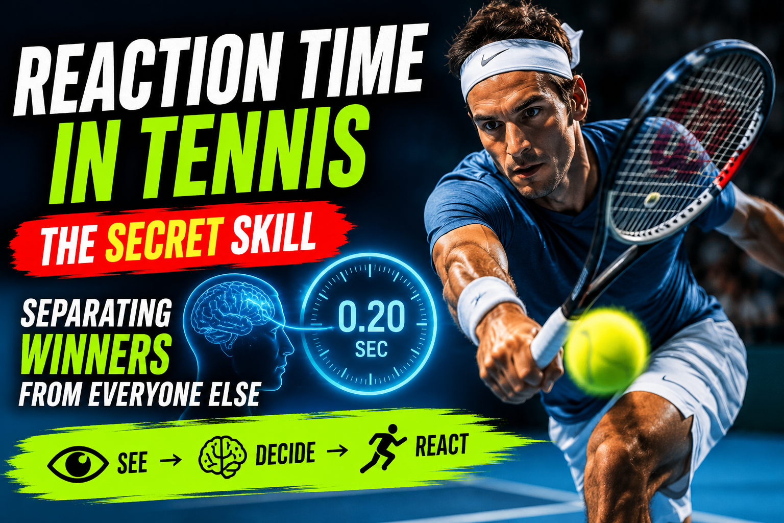Elite tennis player demonstrating exceptional reaction time during a fast-paced rally, highlighting the science of anticipation, decision-making, and tennis performance.