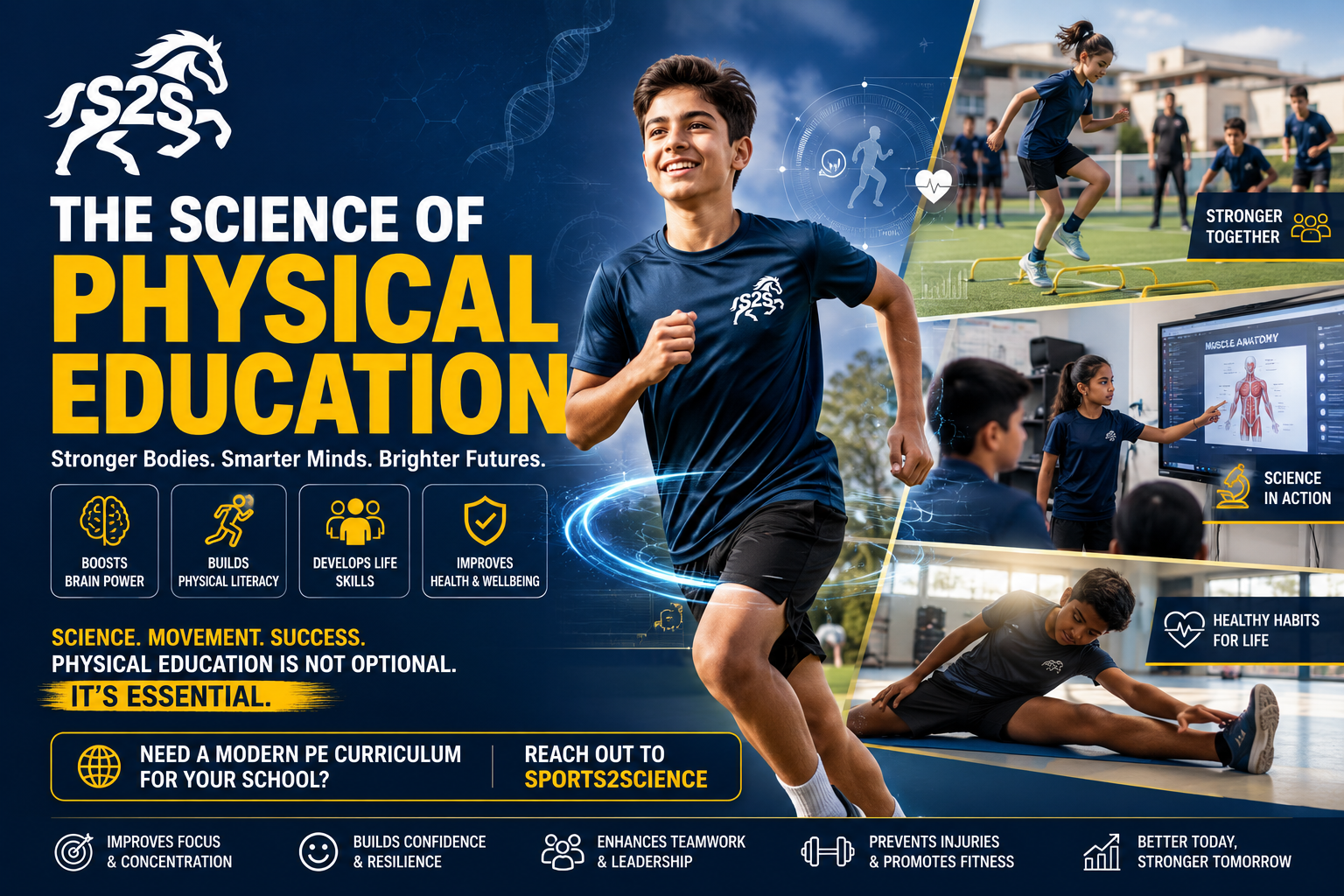 Students participating in a modern science-based physical education curriculum demonstrating fitness, physical literacy, sports science, health education, and movement skills for improved academic and athletic performance.