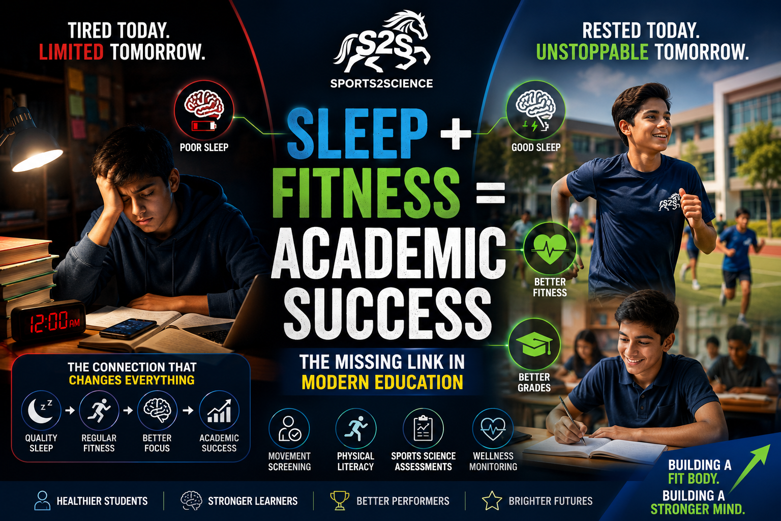 Students participating in fitness activities while demonstrating the connection between sleep, physical health, cognitive performance, and academic success