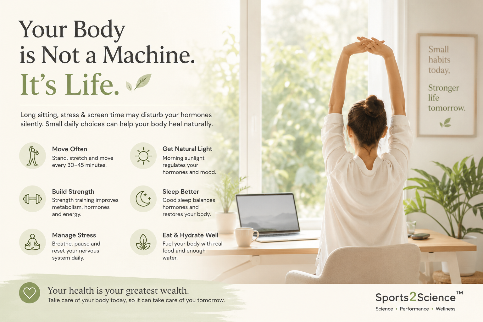 A calm wellness-themed workspace showing a woman stretching near a desk with natural sunlight, symbolizing the impact of long screen time, sitting stress, hormonal health, recovery, and healthy lifestyle balance by Sports2Science