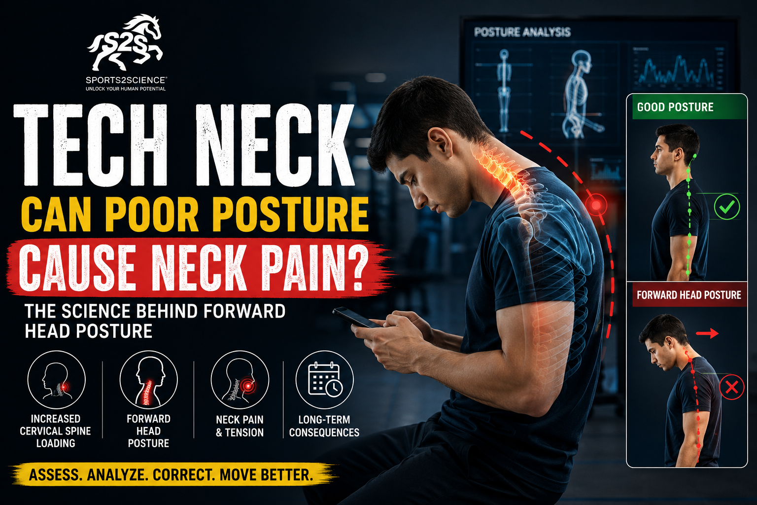 Sports scientist evaluating forward head posture and neck alignment during posture assessment in a biomechanics laboratory.