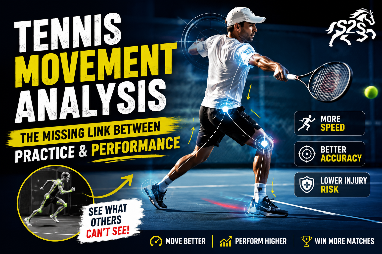 Professional tennis player performing a forehand with biomechanical movement analysis overlays, showcasing how sports science improves speed, agility, accuracy, and tennis performance