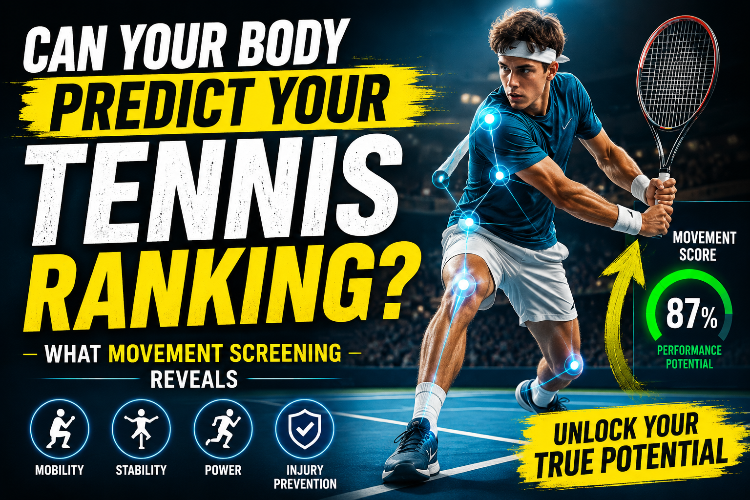 Young tennis player undergoing movement screening assessment to improve performance, reduce injury risk, and support long-term tennis development.