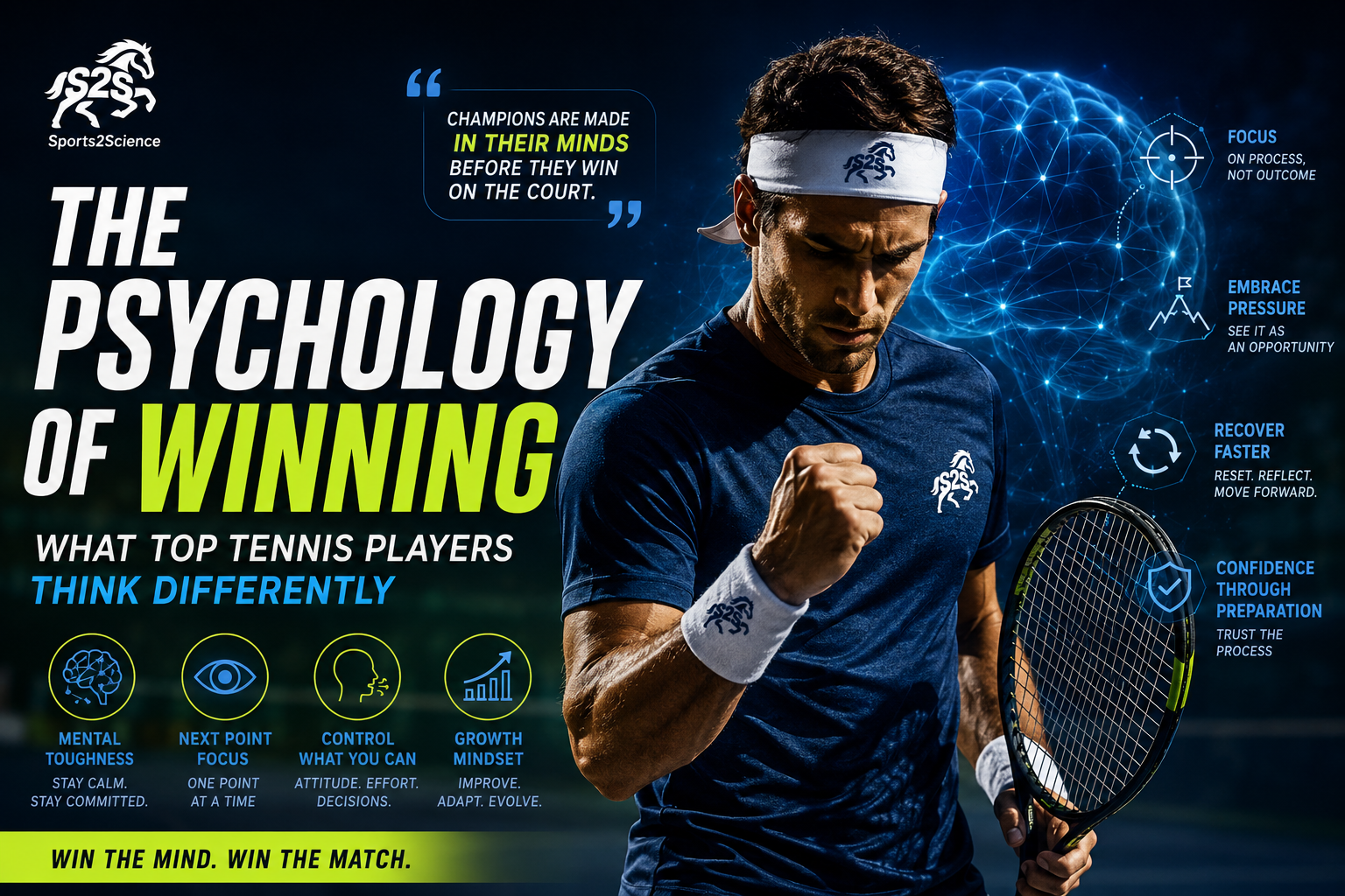 Tennis player standing confidently during a high-pressure match while visualizing success, representing the psychology and mindset of elite tennis champions.