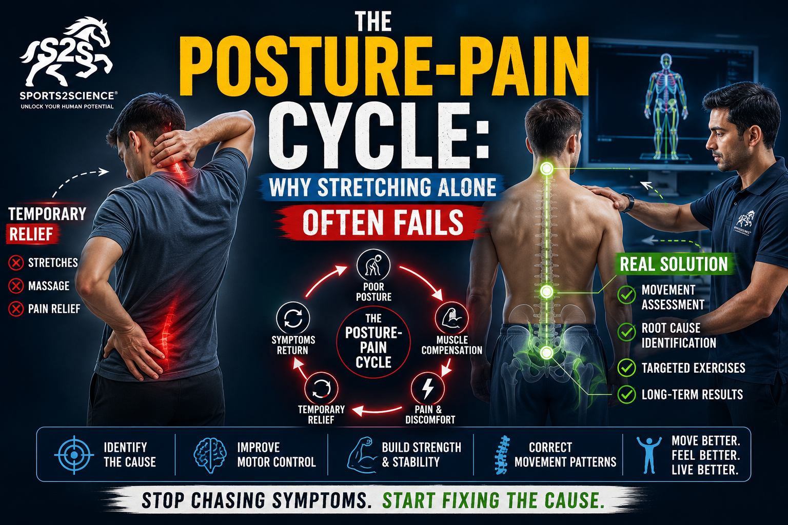 Sports scientist analyzing posture compensation patterns, muscle imbalances, and movement mechanics to understand why posture-related discomfort repeatedly returns.